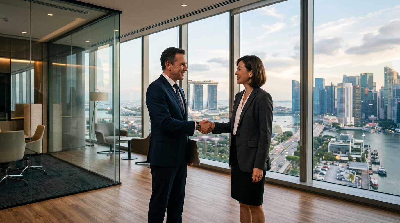 Business handshake in a high-rise office