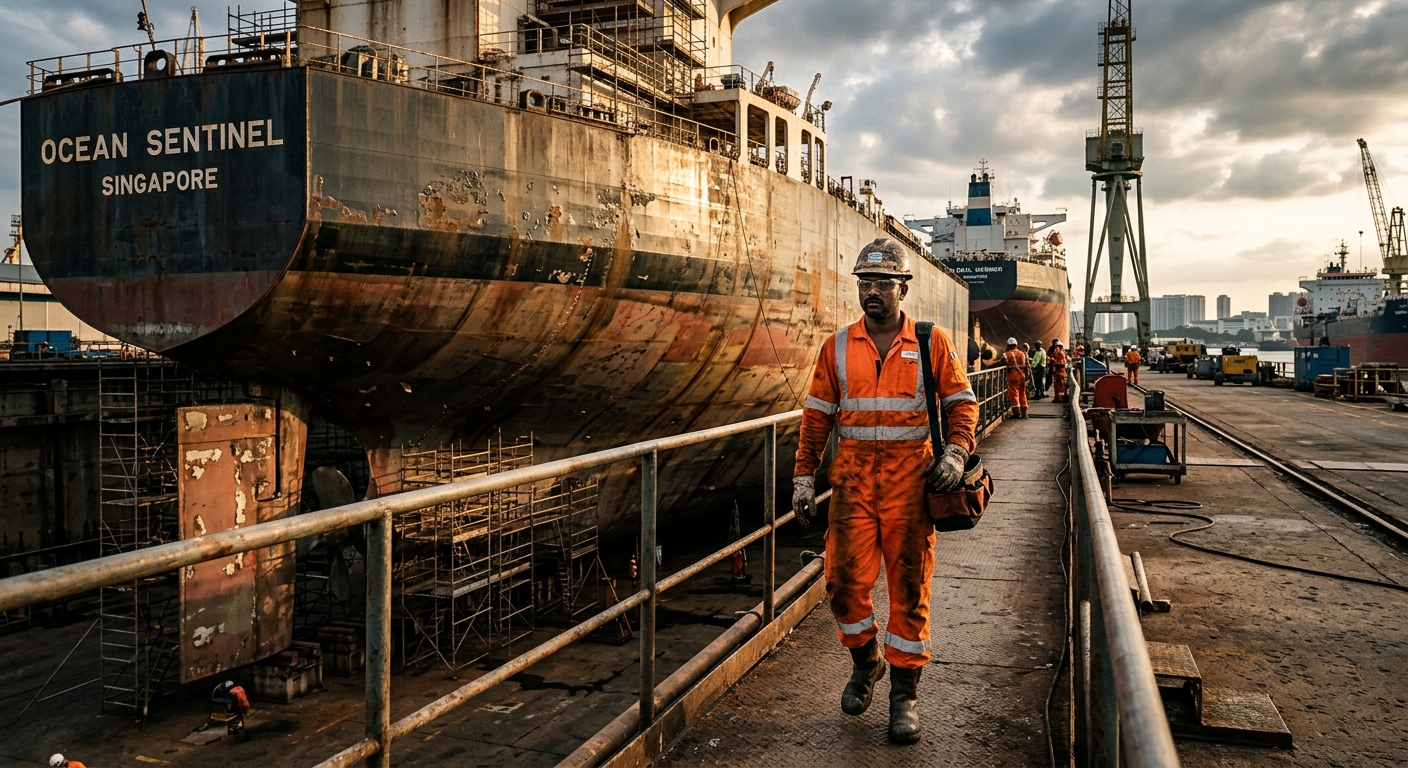 Marine shipyard worker beside a vessel under maintenance